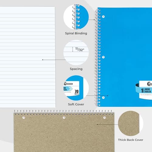 Rosmonde Spiral Notebooks, 12 Pack, 1 Subject Notebook, Wide Ruled, 70 Sheets, 8 x 10-1/2", 3 Hole Punched, School Supplies, Bulk Single Subject Spiral Notebook Bulk, Assorted Colors Pack of Notebooks - Image 5