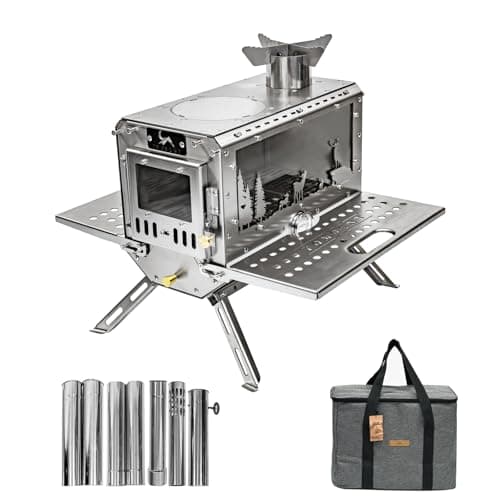 TOMOUNT Hot Tent Stove,Wood Stove with 7 Chimney Pipes,304 Stainless Camping Tent Stove with Spark Damper, Wood Burning Stove for Cooking and Heating，with heat-resistant Glass Window