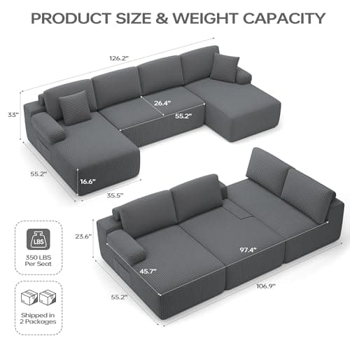 DURASPACE 126.2'' Modular Sectional Sofa, Convertible U Shaped Cloud Couch with Memory Foam, Corduroy Boneless Sectional Couches for Living Room, No Assembly Required (Gray) - Image 2