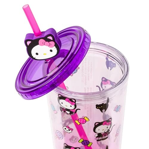 Silver Buffalo Sanrio Hello Kitty Halloween Costume Black Cat and Candy Plastic Cold Cup with Lid and Straw Topper, 24 Ounces - Image 4