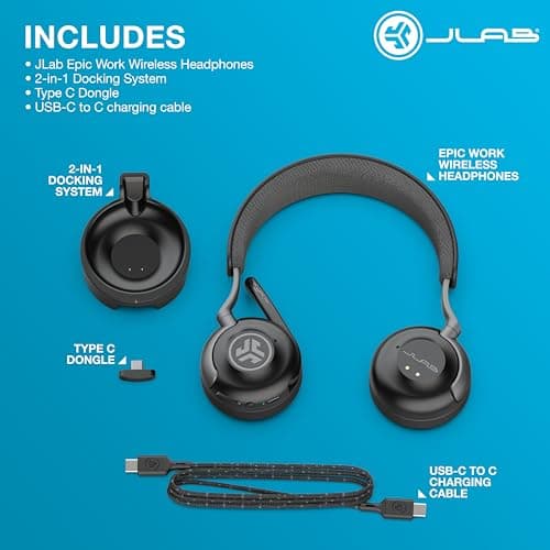 JLab Epic Work Wireless Headset with Microphone, Smart Active Noise Cancellation, Charging Hub, 90+ Playtime, Quick Mute, Bluetooth Headphones, Multipoint Connect, PC, Laptop, Mobile, (1 Pack) - Image 7