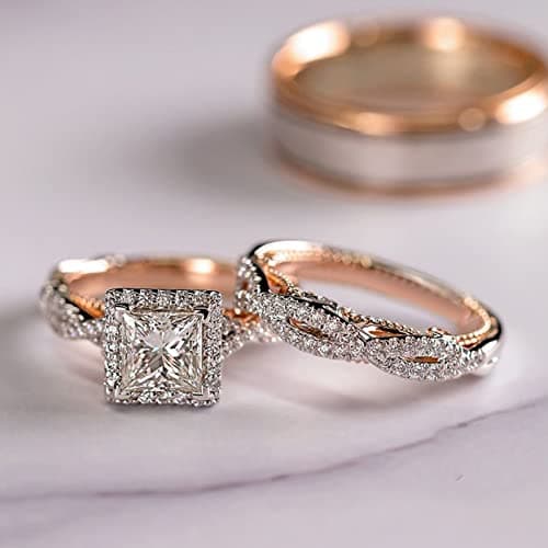 Engagement rings for couples set,3 pc His and Her Wedding Ring Set, Hypoallergenic Rose Gold Ring Set, Cubic Zirconia Bride Promise Rings Set,size 6-10 (8) - Image 3