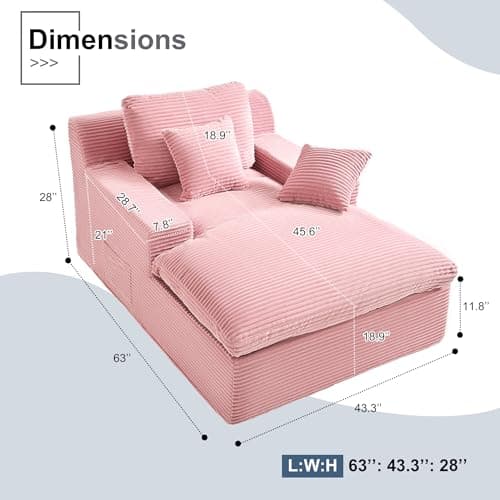 63" Oversized Chaise Lounge Chair Indoor, Extra Cloud Layer, Convertible Sleeper Sofa Couch with Removable Pillows & Side Pockets, Corduroy Upholstered Sofa Bed with Armrests for Living Room, Pink - Image 2