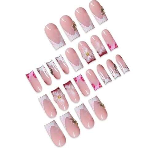 French Tip Press on Nails Long Square Fake Nails Red Acrylic Press on Flowers Artificial Nail With Designs Stick on Nail for Women 24pcs - Image 2
