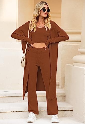 TOLENY 3 Piece Fuzzy Outfits Sets for Women Cardigan Crop Tank Wide Leg Pants Sweatsuit Lounge Sets Brown XL - Image 7