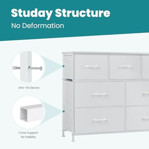 OLIXIS Dresser for Bedroom, 7 Storage Drawers, Wide Fabric Closet Chests Organizer Tower Furniture, TV Stand with Wooden Top Metal Frame for Clothes, Living Room, Hallway, Entryway, Classic White - Image 7