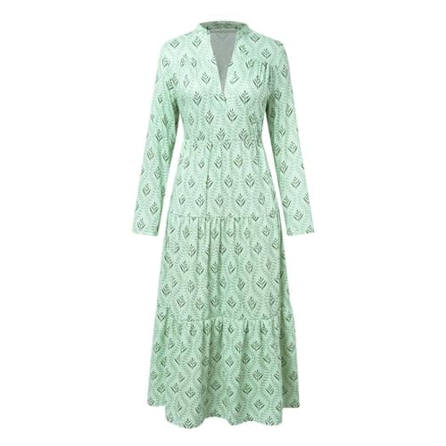 Long Sleeve Boho Dresses for Women Spring Trendy Floral Print Vintage Flowy Dress Baggy Tiered Dress Green M - Image 3