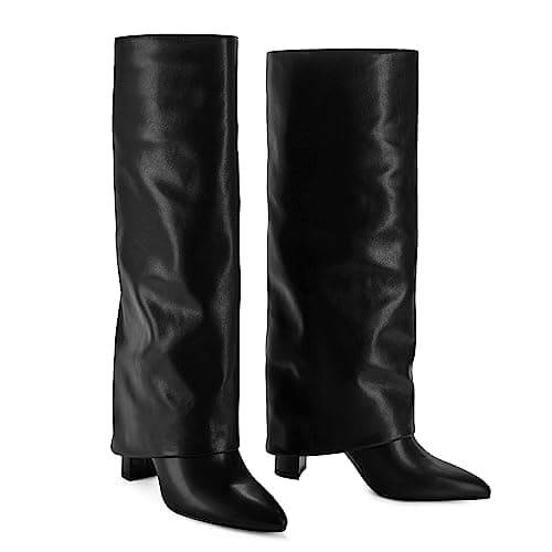 Modatope Women's Black Tall Boots, Fold Over Knee High, Block Heel, Size 7 - Image 2