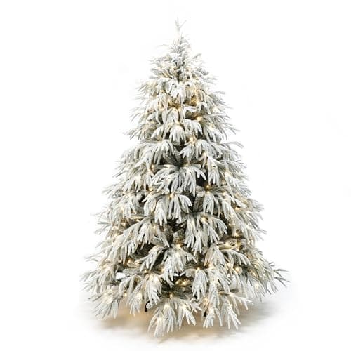 LuxenHome 6.5FT Flocked Artificial Christmas Tree, Spruce Prelit Christmas Trees Flocked with 450 Warm White LED Lights, Realistic Xmas Tree with 4000 PE+PVC Tips for Indoor and Outdoor Xmas Decor - Image 8