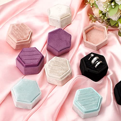 WantGor Velvet Jewelry Ring Box, 3 Slots Hexagon Ring Gift Box Vintage Ring Display Holder Case for Wedding Ceremony Proposal Engagement (Beige, 3 Slots) - Image 8