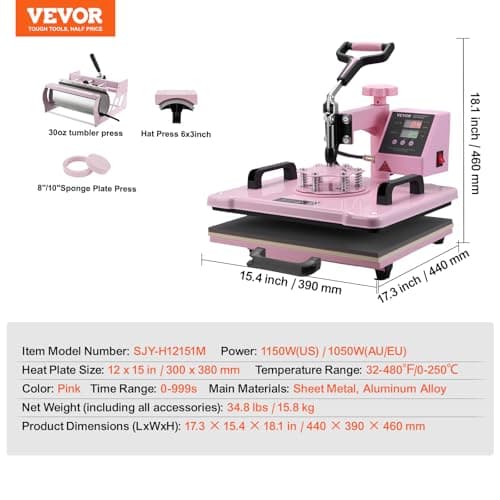 VEVOR Heat Press Machine 5 in 1 Combo with 30 OZ Tumbler Press & Hat Press, Slide Out 12x15 Inch Heat Press Sublimation Machine for T-Shirts, Hats Caps Tumblers Glass Cans Mugs, and Plates (Pink) - Image 7