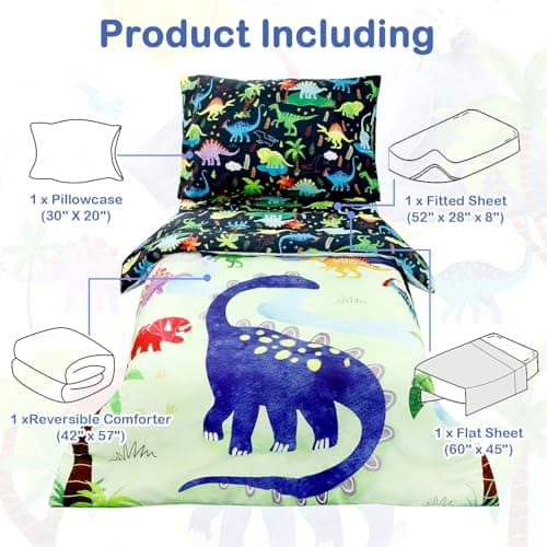 DAYEEBALL 4 Piece Toddler Bedding Set, Ultra Soft and Breathable Cartoon Dinosaur Toddler Comforter Sets for Boys Includes Quilted Comforter, Fitted Sheet, Flat Sheet and Pillowcase - Image 4