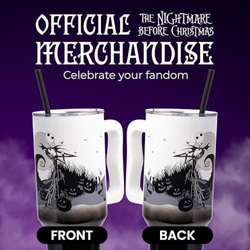 Silver Buffalo Disney Nightmare Before Christmas by Tim Burton Jack Skellington Hill and Moon Stainless Steel Tumbler with Handle and Straw, Fits in Standard Cup Holder, 40 Ounces - Image 4