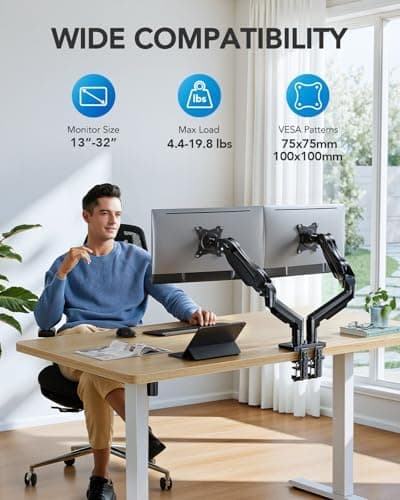 HUANUO FlowLift™ Dual Monitor Stand, Fully Adjustable Gaming Monitor Desk Mount for 13–32″ Computer Screens, Full Motion VESA 75x75/100x100 with C-Clamp & Grommet Base, Each Arm Holds 4.4 to 19.8 lbs - Image 3