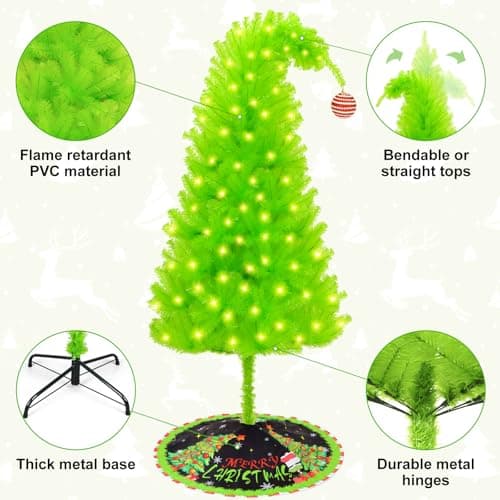 Christmas Tree 6ft, Top Curved 6ft Upright 7ft Lime Green Xmas Tree with Tree Skirt, Easy Setup Whimsical Artificial Christmas Tree for Christmas Decorations - Image 6