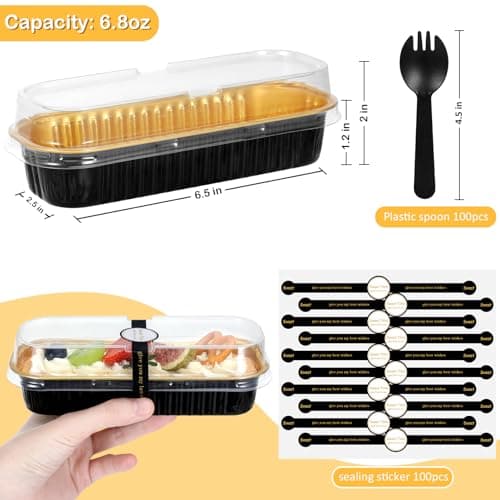 EgticHome Mini Loaf Pans with Lids and Spoons (100 Pack, Black-gold, 6.8oz) Rectangular Aluminum Foil Baking Pans - Image 2