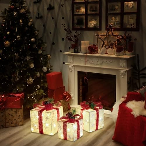 Christmas Decorations, Set of 3 Christmas Lighted Gift Boxes, Battery Operated Xmas Present Boxes, Warm White LED with Bows for Indoor Christmas Tree, Yard, Home Decor - Image 7