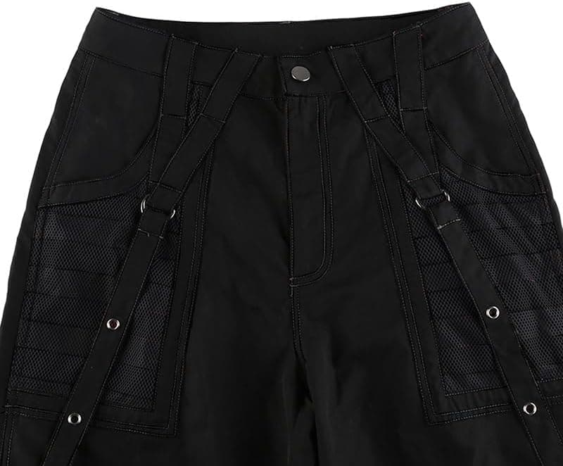 Women Vintage Goth Hip Hop Jeans Punk High Waisted Baggy Bootcut Jeans Strap Chain Striped Wide Leg Denim Pants Black Small - Image 7