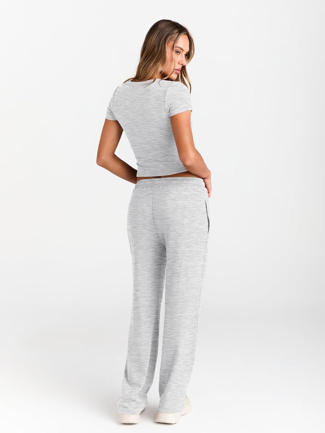 Trendy Queen 2 Piece Matching Summer Sweatsuit Lounge Set Womens Wide Leg Pants Side Ruching Crop Top Sets Oatmeal Grey Medium - Image 5