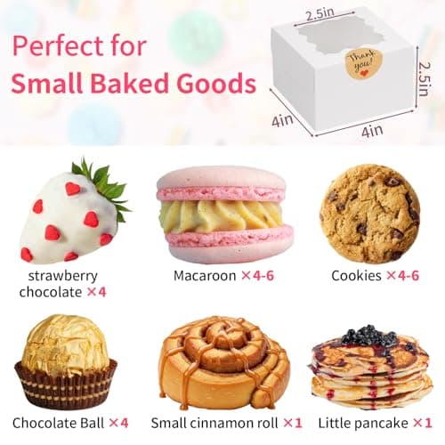WINKIO 24pcs White Cookie Boxes, 4x4x2.5 Inches Bakery Boxes with Window, for Mini Cake Treat Dessert Pastry Donuts Macaroon Strawberries Chocolate Candy (with Stickers) - Image 4