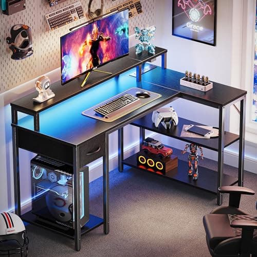 SUPERJARE 47 inch Reversible L Shaped Desk with LED Lights & Power Outlets, Computer Desk with Shelves & Monitor Stand, Gaming Desk with Drawer, Home Office Desk Corner Desk, Black - Image 2