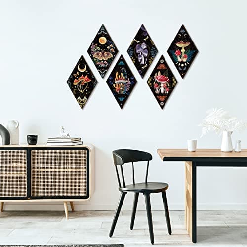 Sintuff 6 Pieces Halloween Gothic Wall Decor Boho Sun Moon Phases Wall Art Gothic Minimalist Stars Sun Hanging Wooden Home Decor Farmhouse Pediments for Gallery Living Bedroom Room(Mushroom) - Image 4