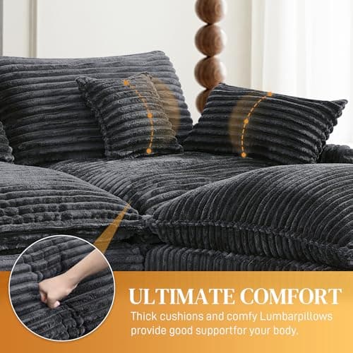 HYJT-H&K 145" U Shaped Cloud Couch Modular Dark Grey Sectional Couches for Living Room, Comfy Fluffy Corduroy Oversized Cloud Sectional Couch Large 6 Seat Sectionals Sofa Set Central Console USB Port - Image 4
