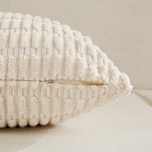 Fancy Homi 4 Packs Neutral Decorative Throw Pillow Covers 18x18 Inch for Living Room Couch Bed Sofa, Rustic Farmhouse Boho Home Decor, Soft Plush Striped Corduroy Square Cushion Case 45x45 cm - Image 3