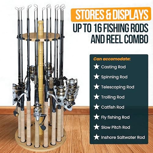 Rush Creek Creations Round 16 Fishing Rod Storage Rack - Features Traditional Handcrafted Wood Post - No Tool Assembly, Wood Grain Laminate - Image 4