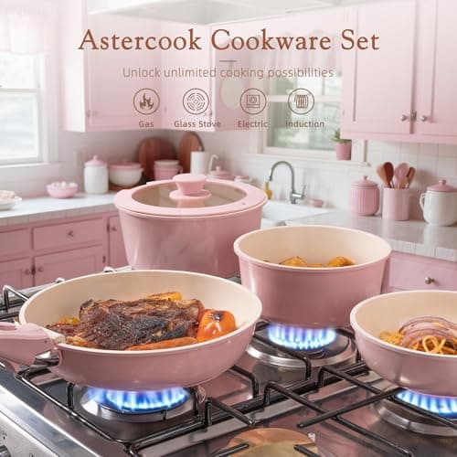 Astercook 21 Pcs Pots and Pans Set Non Stick, Ceramic Cookware Set Detachable Handle, RV Kitchen Cooking Set Removable Handles, Oven Safe, Induction Ready, Stackable Non-stick Set, Pink - Image 2