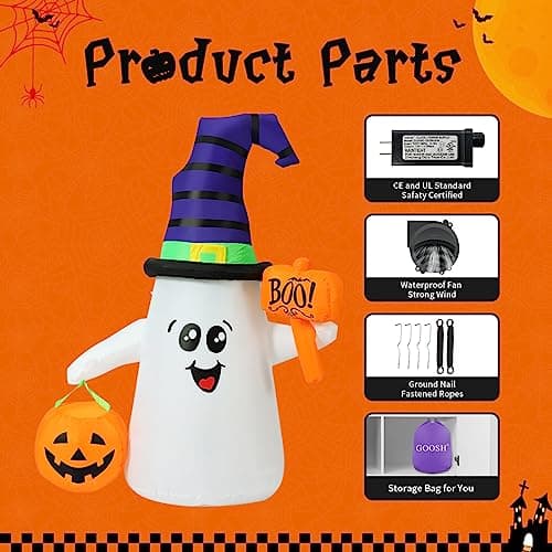 GOOSH 5 FT Halloween Inflatables Ghost Outdoor Decorations Blow Up Yard Cute Wizard Ghost with Pumpkin with Built-in LEDs for Garden Lawn Indoor Party Holiday Decor - Image 6