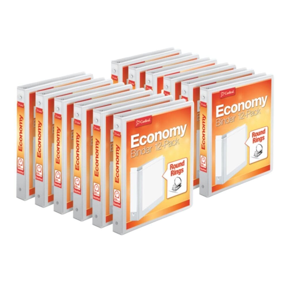 Cardinal Economy 3-Ring Binders, 1", Round Rings, Holds 225 Sheets, ClearVue Presentation View, Non-Stick, White, Carton of 12 (90621) White 1 Inch Binders