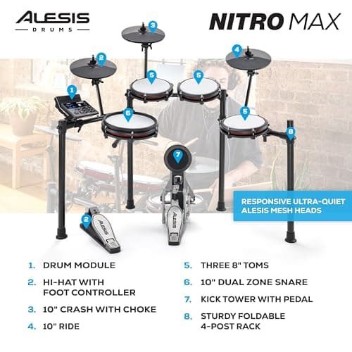 Alesis Nitro Max Kit Electric Drum Set with Quiet Mesh Pads, 10" Dual Zone Snare, Bluetooth, 440+ Authentic Sounds, Drumeo, USB MIDI, Kick Pedal - Image 4