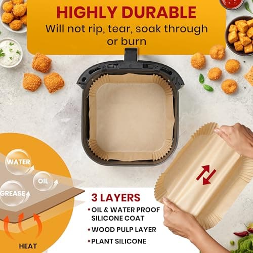 Air Fryer Paper Liners, 125Pcs Air Fryer Disposable Liners, Non-Stick and Oil Proof for Easy Cleanup, 8” Square for 5-8 qt Basket by Baker's Signature - Image 4