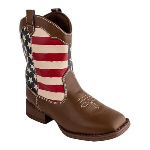 Baby Deer Brown (Red/White/Blue), Faux-leather, Rubber-soled, Kids Square Toe Stars & Stripes Boot for Children - Image 2