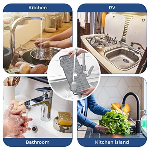 Silicone Faucet Handle Drip Catcher Tray Mat, Silicone Faucet Mat Dish Soap Sponge Holder for Kitchen Sink Accessories Gadgets, Drying Mat for Kitchen Counter Bathroom Kitchen Sink Splash Guard -Grey - Image 7