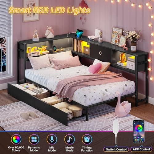 Hasuit Twin Corner Bed Frame with Storage Bookcase, Twin Day Bed with Storage Drawers, Metal Platform Bed with Charging Station and LED Lights, Convertible Corner Beds for Kids Teens Guests, Black - Image 5