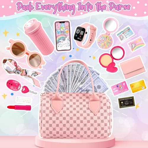 Oisacirg Play Purse for Little Girls, 32PCS Toddler Purse with Pretend Makeup for Kids, Princess Toys Includes Handbag, Phone, Wristwatch, Silk Scarf Kids Toy Purse Birthday Gift for Girls 3 4 5 6 + - Image 6