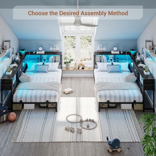 Hasuit Twin Corner Bed Frame with Storage Bookcase, Twin Day Bed with Storage Drawers, Metal Platform Bed with Charging Station and LED Lights, Convertible Corner Beds for Kids Teens Guests, Black - Image 7