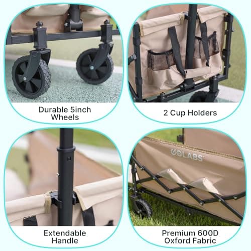 Golabs Collapsible Wagon Cart Max 350lb Load & Expandable Storage 100L, Double Bearing Design for Flexible Steering, Foldable Heavy Duty Garden Cart with 2 Cup Holders for Groceries, Garden & Camping - Image 5