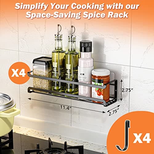 Bunoxea Spice Rack Wall Mounted 4 Pack,Space-Saving Spice Organizer for Spice Jars and Seasonings,Screw or Adhesive Hanging Spice Rack Organizer for Your Kitchen Cabinet,Pantry Door,11.41x2.75x2.75in - Image 7