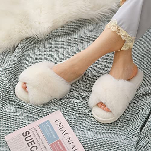 Evshine Women's Fuzzy Slippers Cross Band Memory Foam House Slippers Open Toe Indoor Outdoor Shoes, White, 38-39 (Size 7-8) - Image 6
