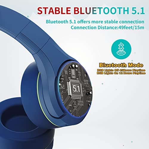 Riwbox CF9 Cat Ear Kids Bluetooth Headphones with LED Light Up,Safe 85dB Volume Limit,Built-in Mic&Boom Mic for Calls,Kids Wireless&Wired Headphones for Tablet/Airplane/School/Online Learning(Blue) - Image 9
