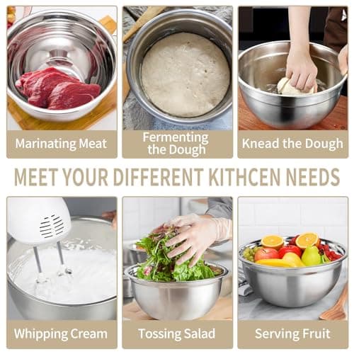 WEPSEN Mixing Bowls Set, 27PCS Khaki Mixing Bowls With Lids Set Stainless Steel Kitchen Large Nesting Metal Bowl 7QT to 1.5QT, Measuring Cups and Spoons for Prepping Cooking Serving - Image 4