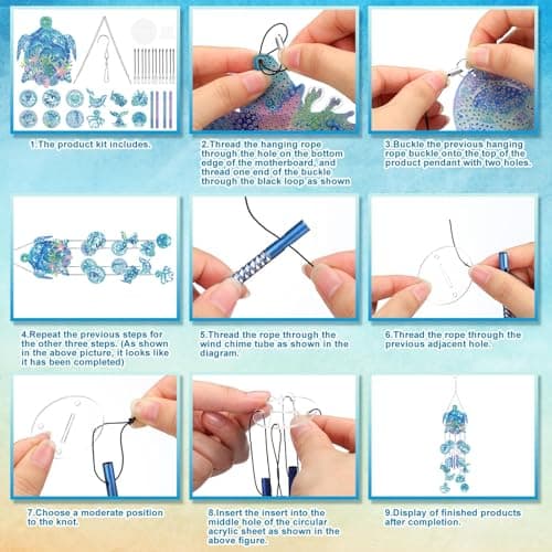 GlikCeil Beach Wind Chimes Diamond Art Wind Chimes Suncatchers Beach Diamond Art Kits with Crystal Pendant Hanging Ornament for Home Garden Patio Backyard Decor(Blue) - Image 4