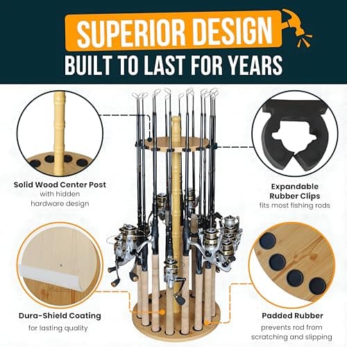 Rush Creek Creations Round 16 Fishing Rod Storage Rack - Features Traditional Handcrafted Wood Post - No Tool Assembly, Wood Grain Laminate - Image 5