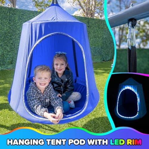 Sportspower Shooting Star Metal Swing Set w/ 2 LED Swings, Padded Saucer Swing with LED Light up Tent and 5' Double Wall Blow Molded Slide - Image 5