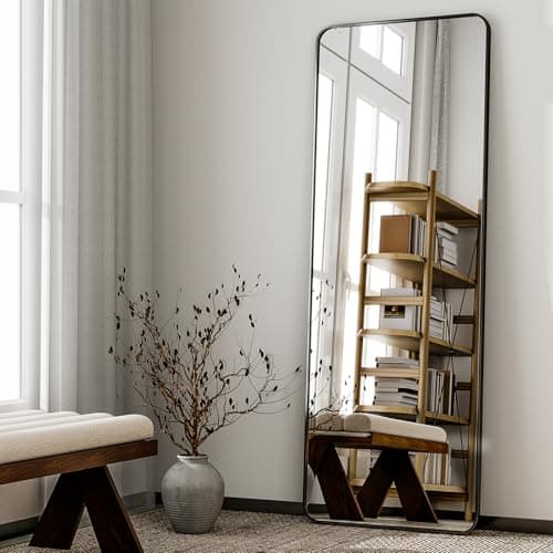 HARRITPURE 56" x 21" Rounded Full Length Mirror Aluminum Frame Black Mirror Full Length Floor Mirror with Stand for Living Room Bedroom Cloakroom - Image 2