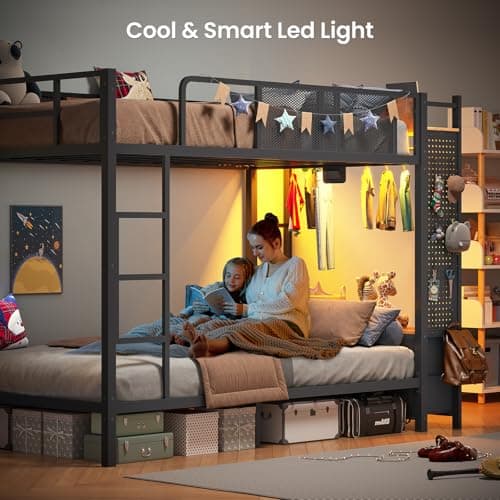 Itaar Metal Bunk Bed Twin Over Twin with Hall Tree, Power Outlet, LED Bunk Bed with 4 Storage Drawers, Bed with Safety Guardrail & Ladders, No Box Spring Needed, Easy Assembly, Rustic Brown - Image 8