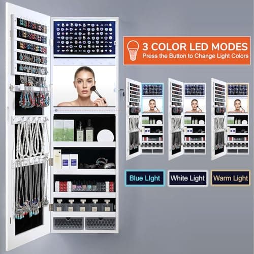 GISSAR Mirror Jewelry Cabinet, LED Lights Wall Mount Door Hanging Full Length Jewelry Organizer Armoire with Built-in Makeup Mirror and Jewelry Storage, Large Capacity Lockable Jewelry Armoire, White - Image 6